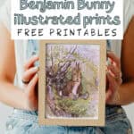 An illustration from the tale of benjamin bunny framed and held in the arms of a woman.