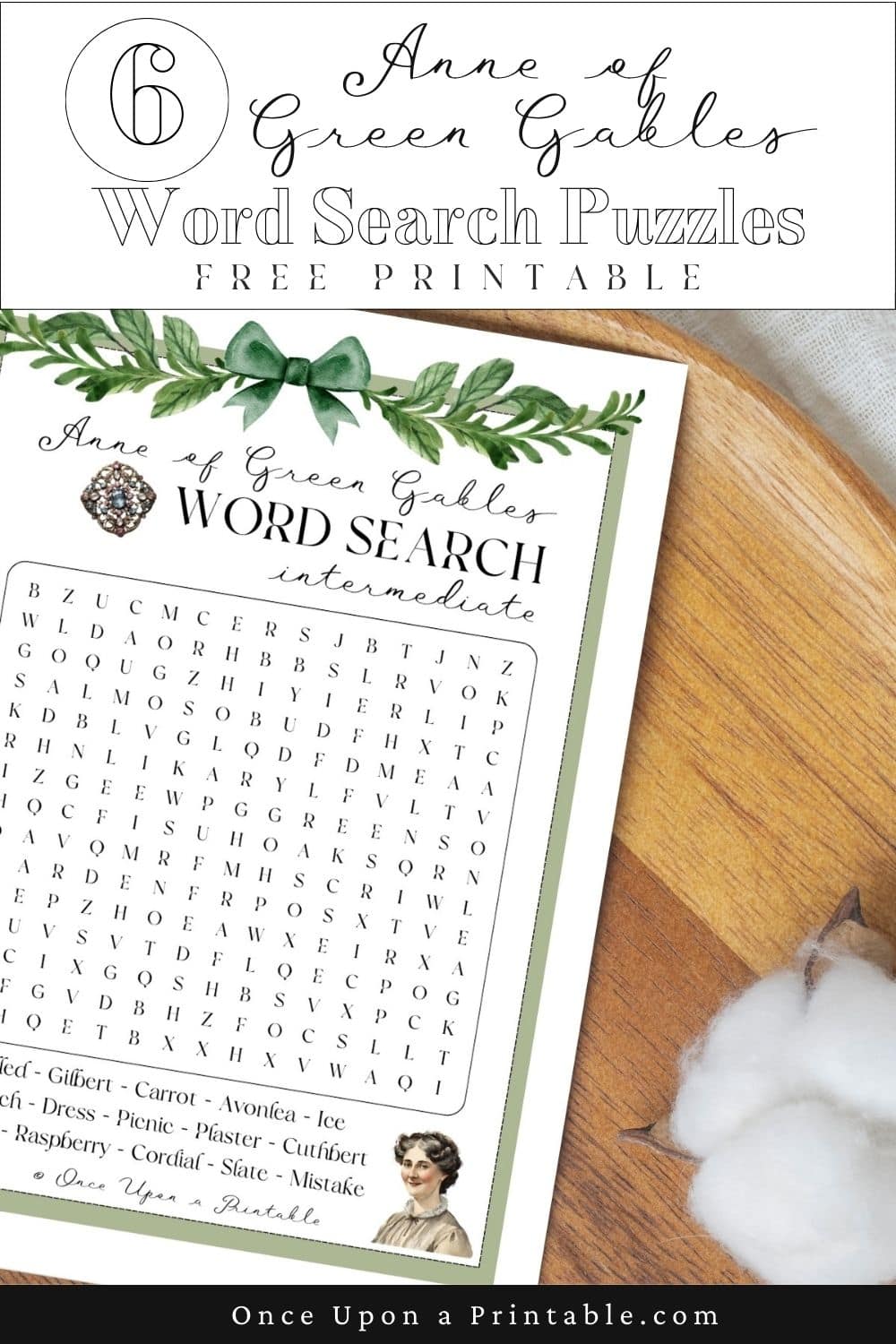 Intermediate crossword puzzle with marilla cuthbert and her brooch laying on a wooden lazy Susan.