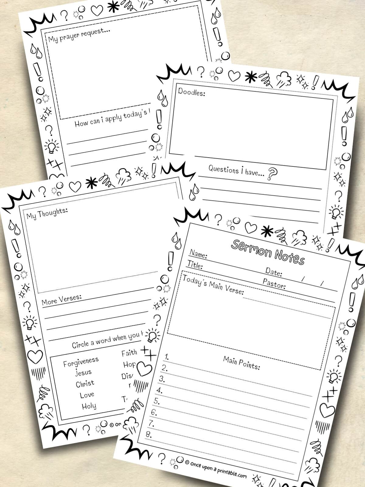 Four page sermon notes for kids collection with simple design and different prompts.