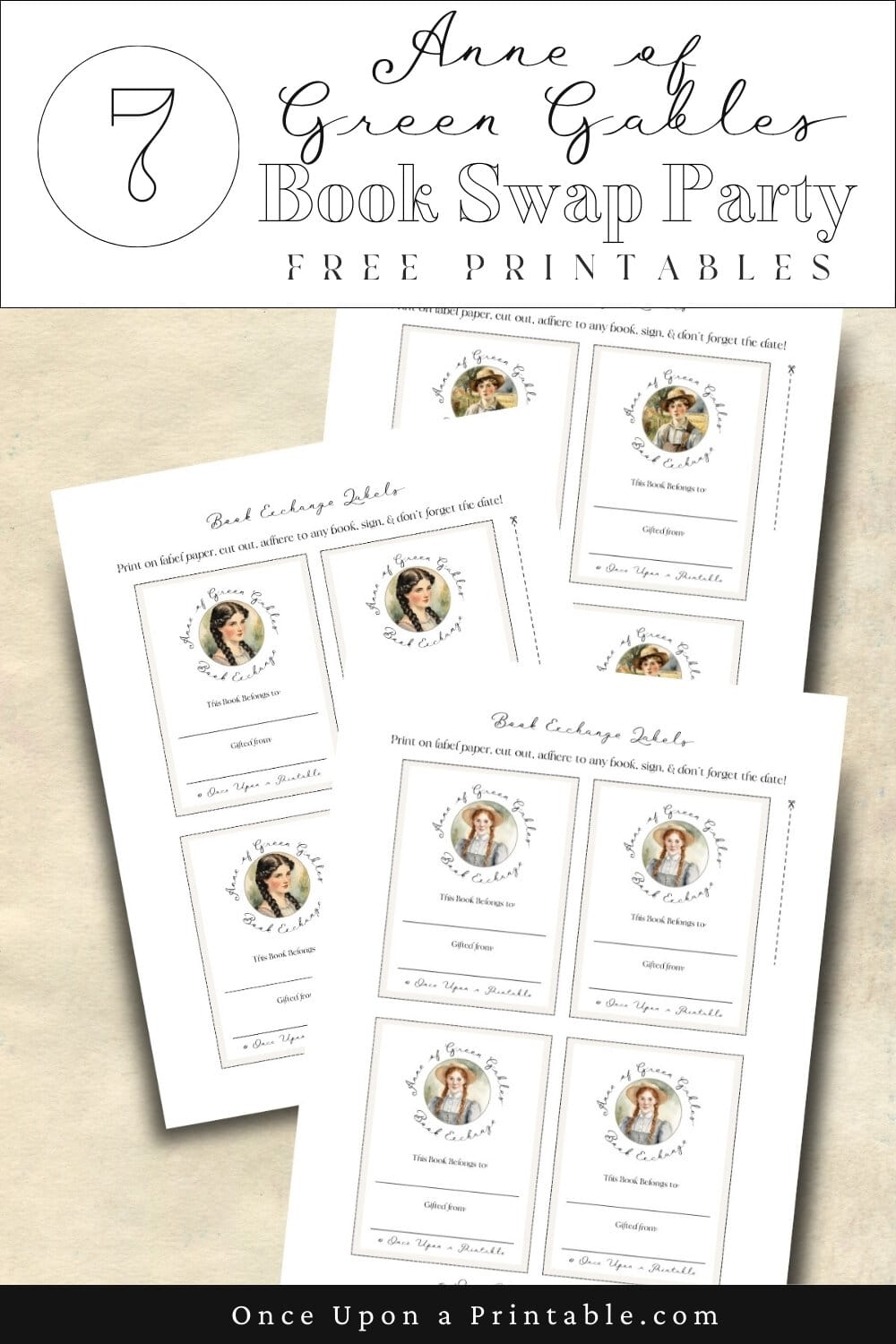 Anne of green gables inspired book label printables with Anne Shirley, Diana Barry, and Gilbert Blythe.
