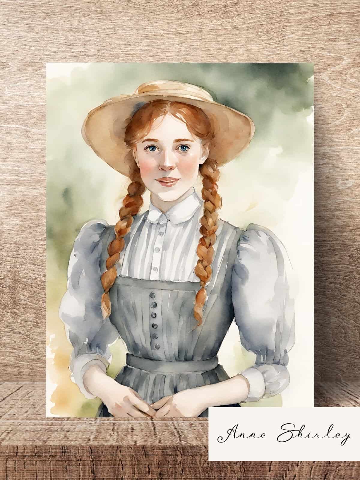 Anne Shirley watercolor illustration sitting on a wooden table.