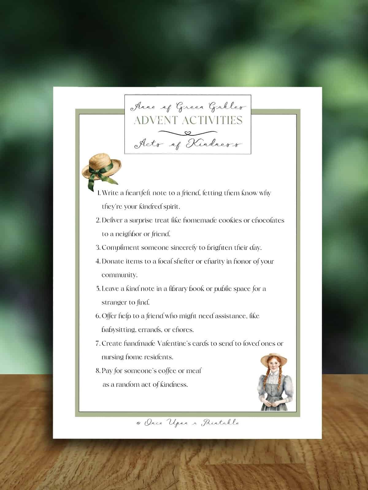 Anne of Green Gables advent activity, acts of kindness laying on a wooden table. 