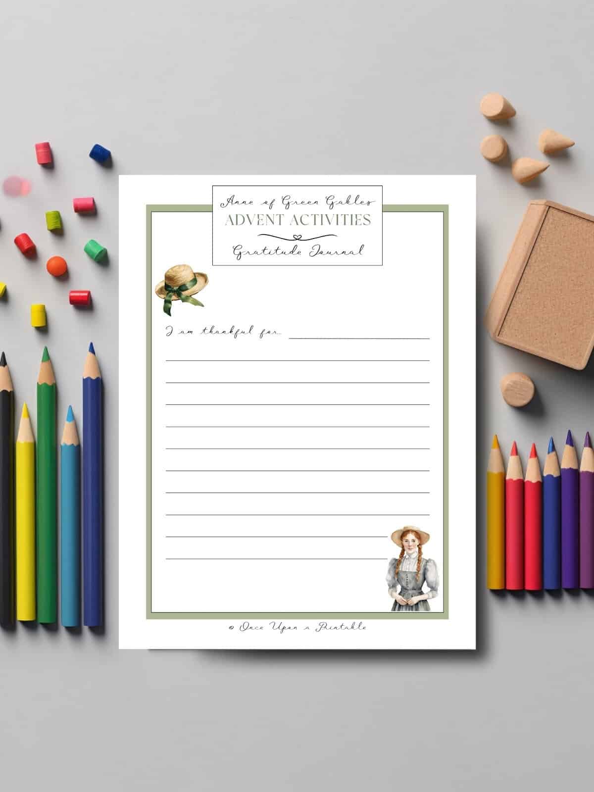 Anne of Green Gables gratitude journal page with coloring pencils and crayons.