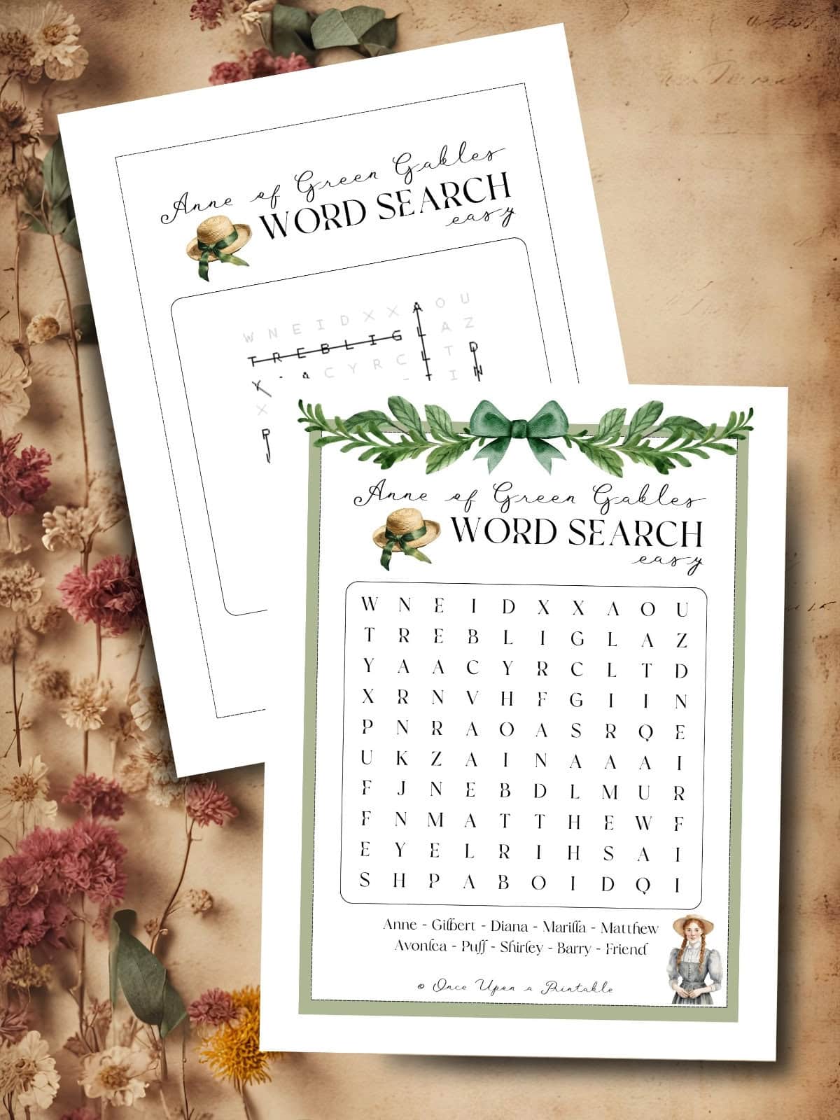 Anne shirley easy crossword puzzle and answer key laying on dried flowers.