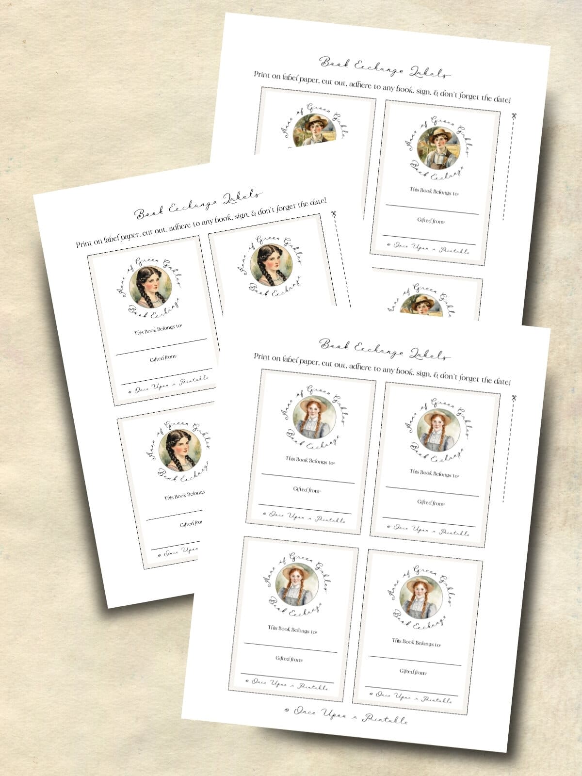 Anne of green gables inspired book label printables with Anne Shirley, Diana Barry, and Gilbert Blythe.