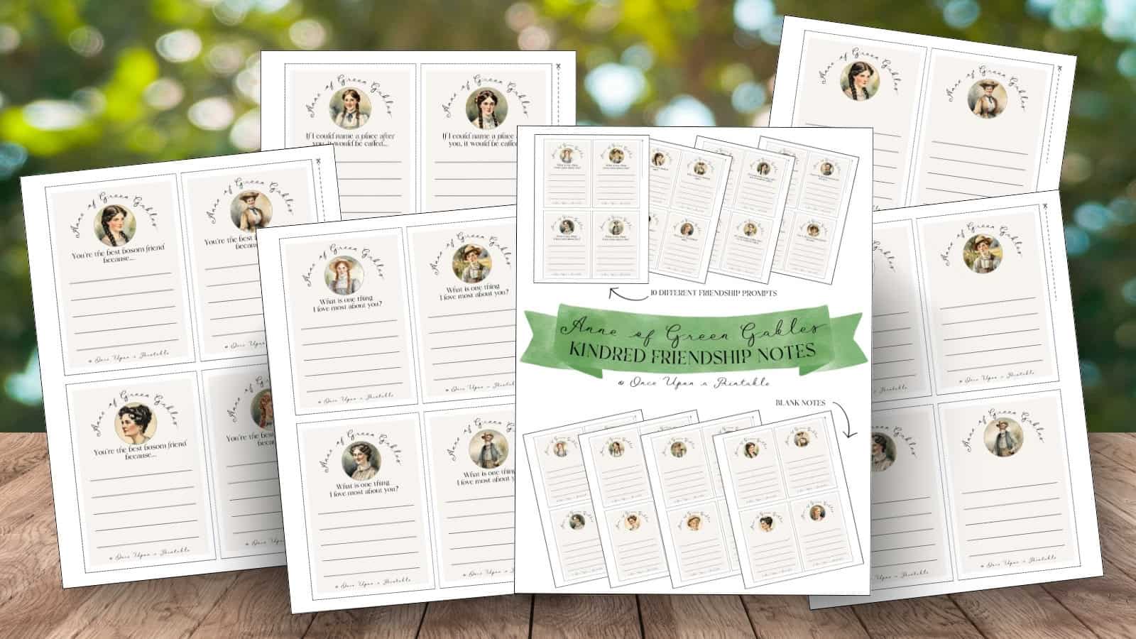 Anne of Green Gables inspired friendship cards with a green tree background.