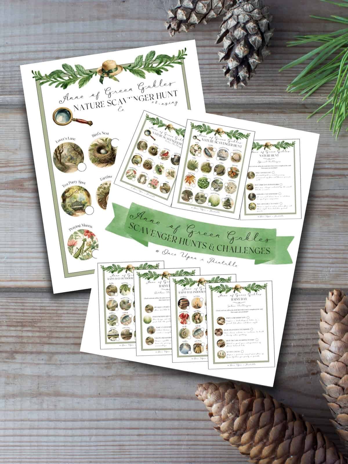 Nature scavenger hunt cover page and hunt itself printed out laying on a wooden floor with pine cones.