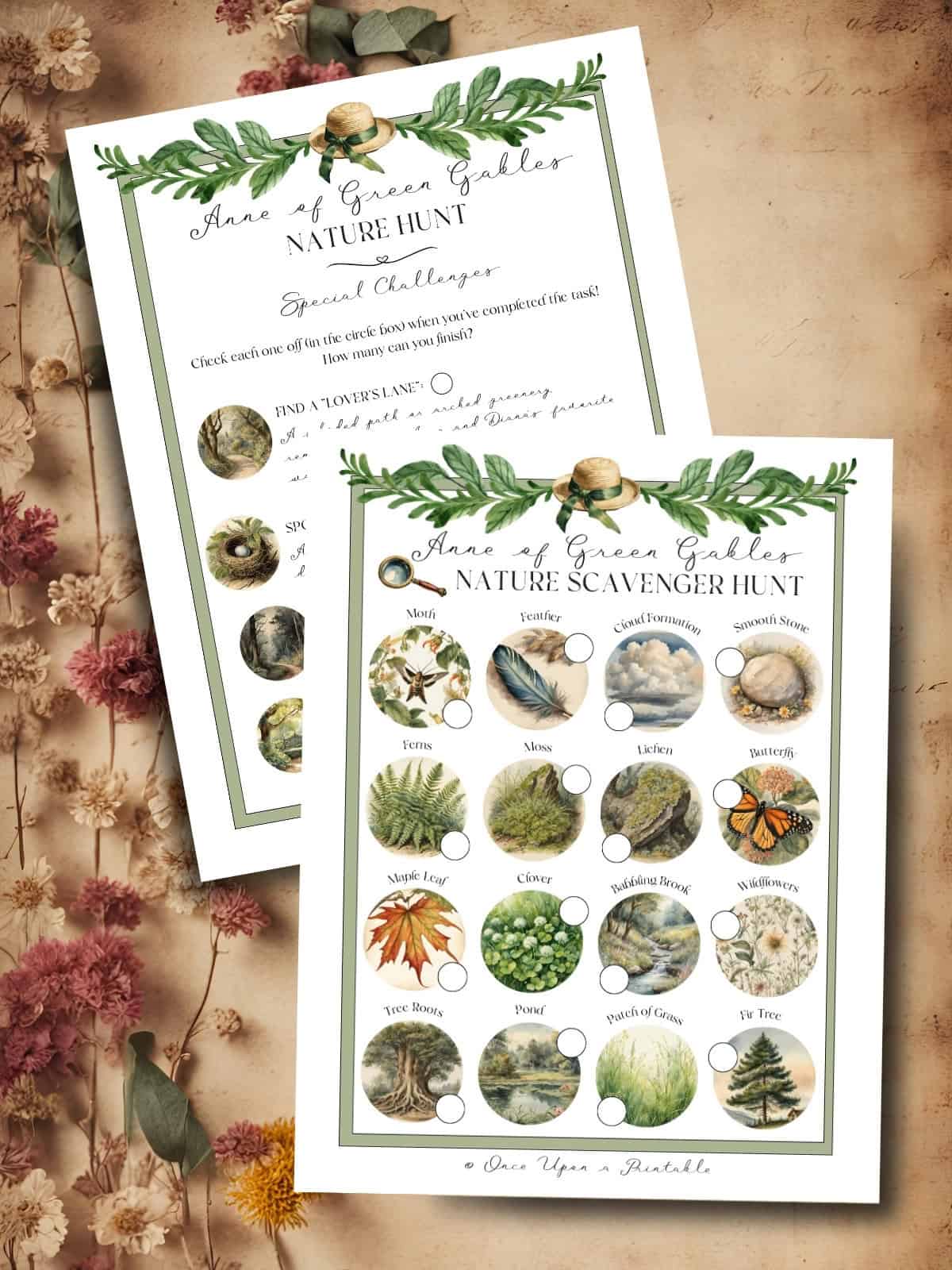 Anne of Green gables inspired nature scavenger hunts for indoor and outdoor laying on dried flowers.