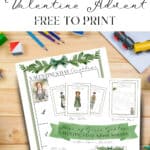 Anne of Green Gables Valentine's Day advent activities, laying on a wooden desk with coloring pencils.