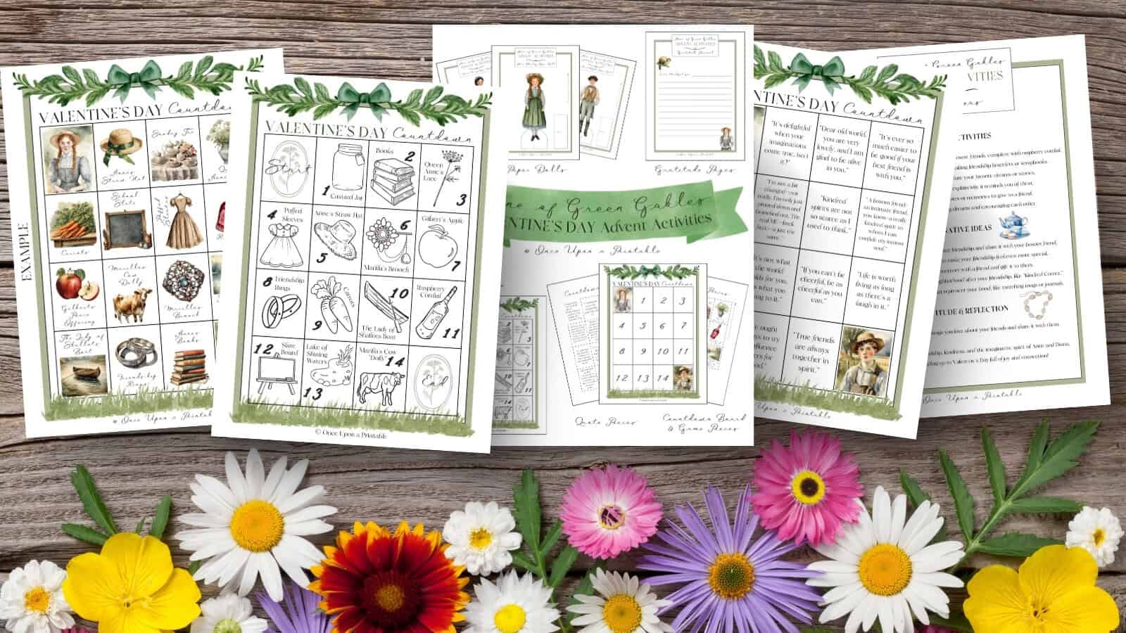 Anne of Green Gables advent pages laying on a wooden table with brightly colored flowers.