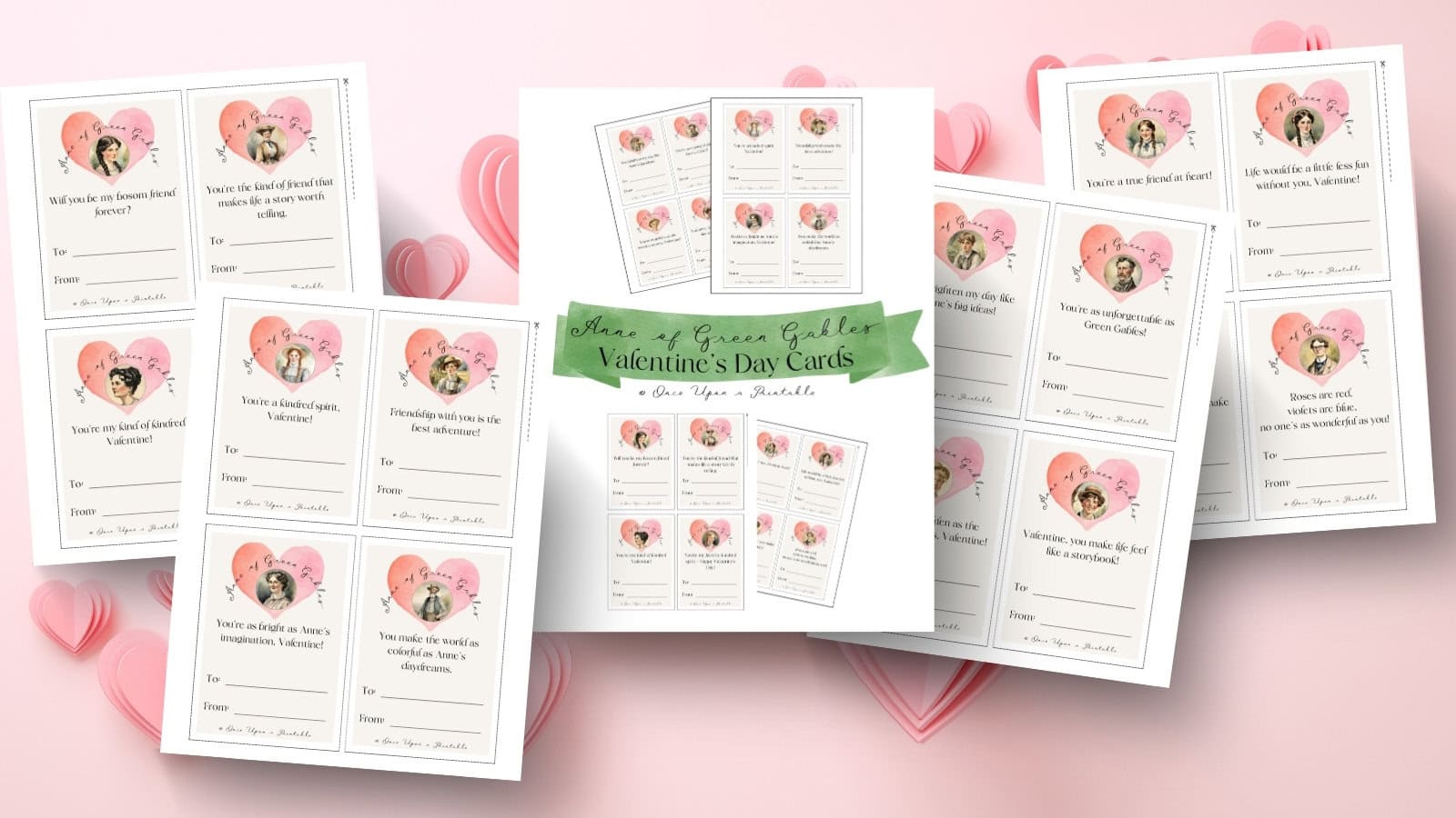 Anne of Green Gables valentine cards collection laying on a pink heart background.