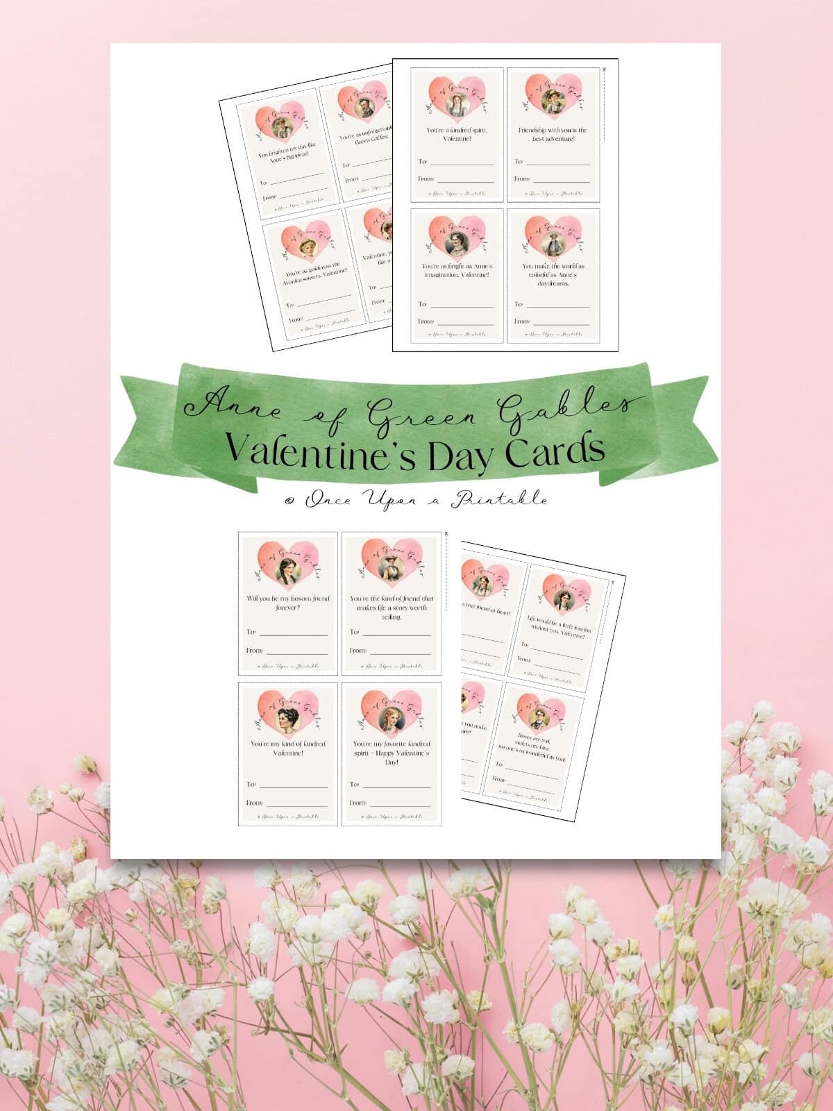 Anne of Green gables inspired valentine's day cards with light pink hearts and inspired sayings laying on a pink background with baby's breath flowers.
