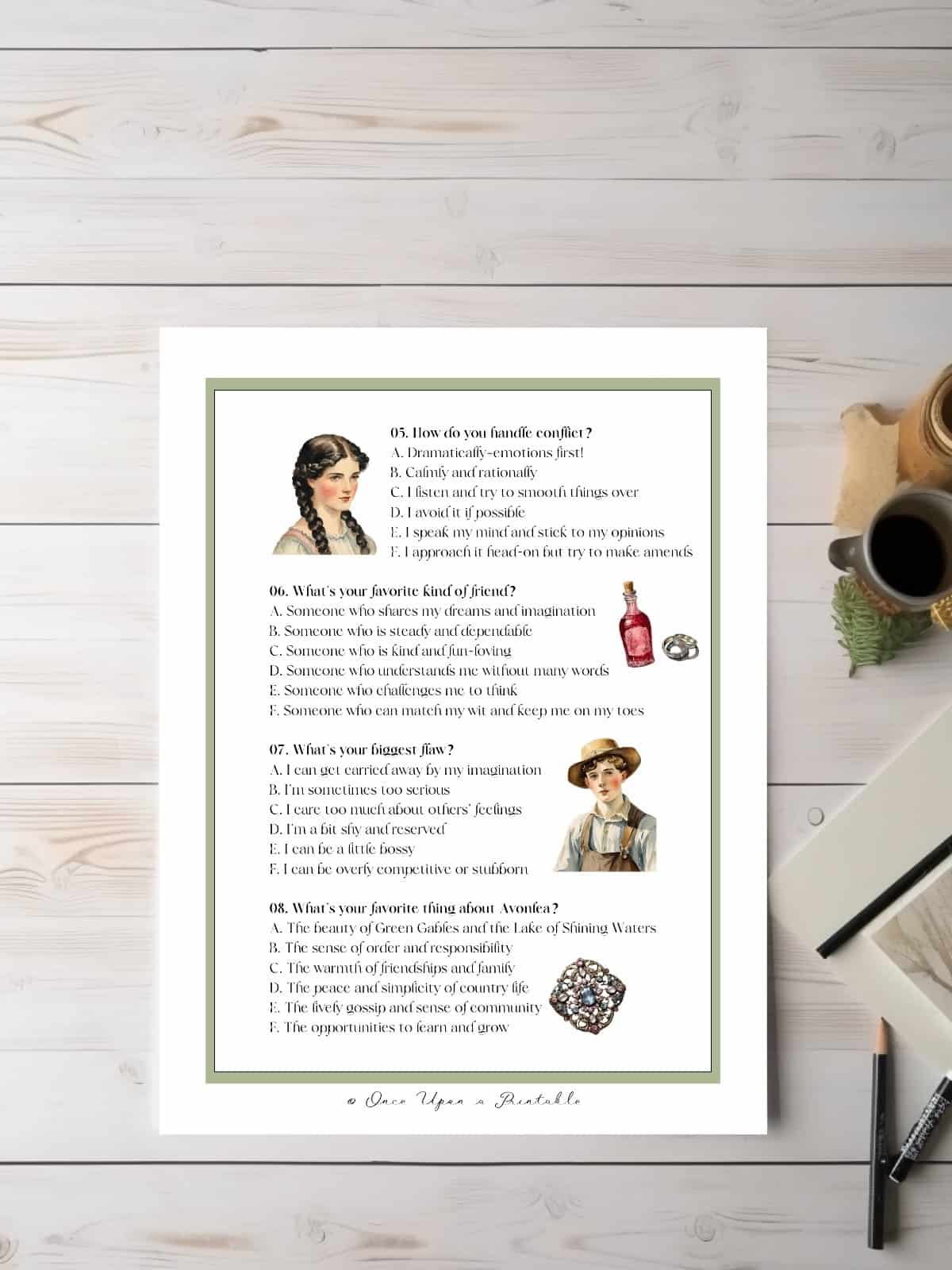 Anne of Green Gables personality quiz laying on a table.