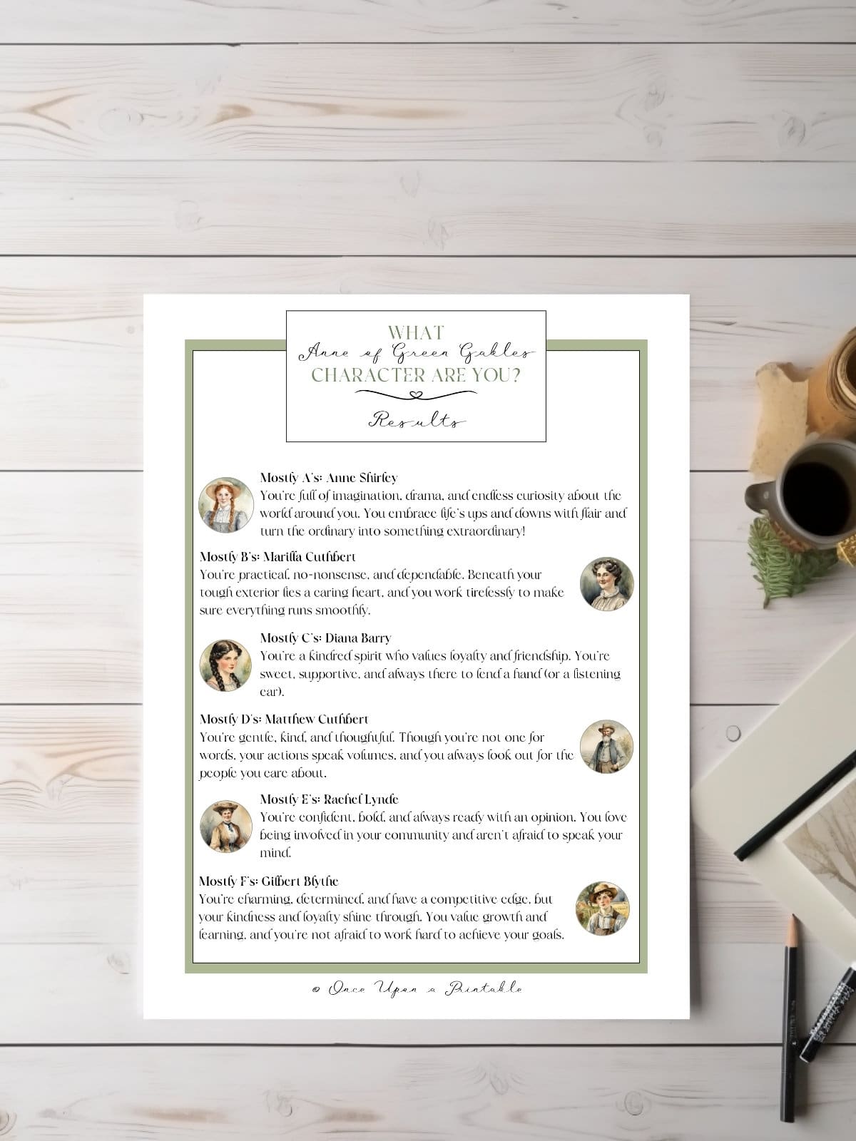 Anne of Green Gables personality quiz laying on a table.