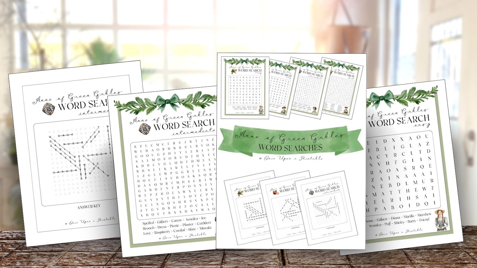 Anne of Green Gables inspired word search puzzles and answer key.