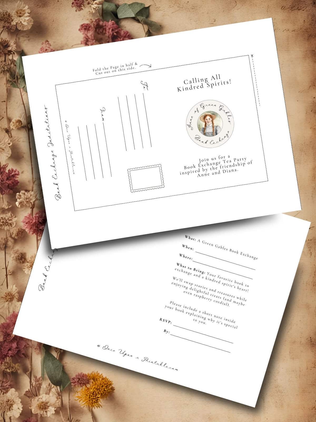Anne Shirley invitation double sided printing printables laying on a background with dried flowers.