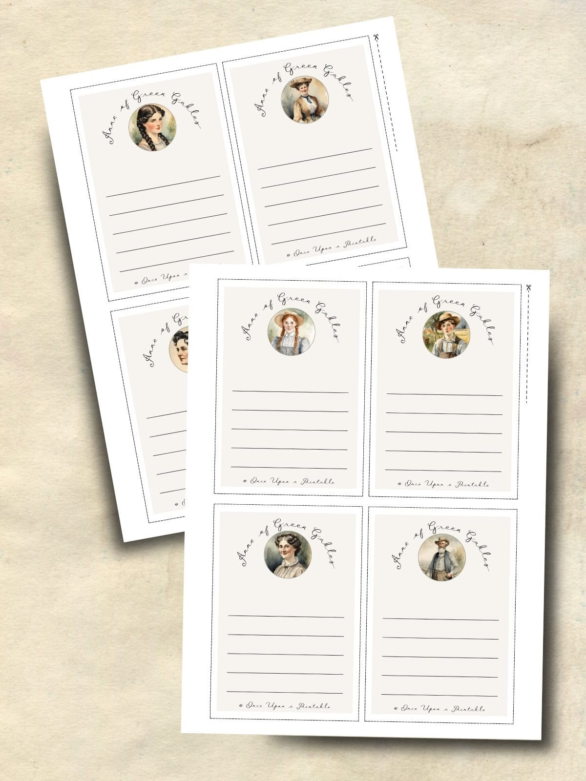 Anne of green gables blank friendship notes laying on a creamy background.