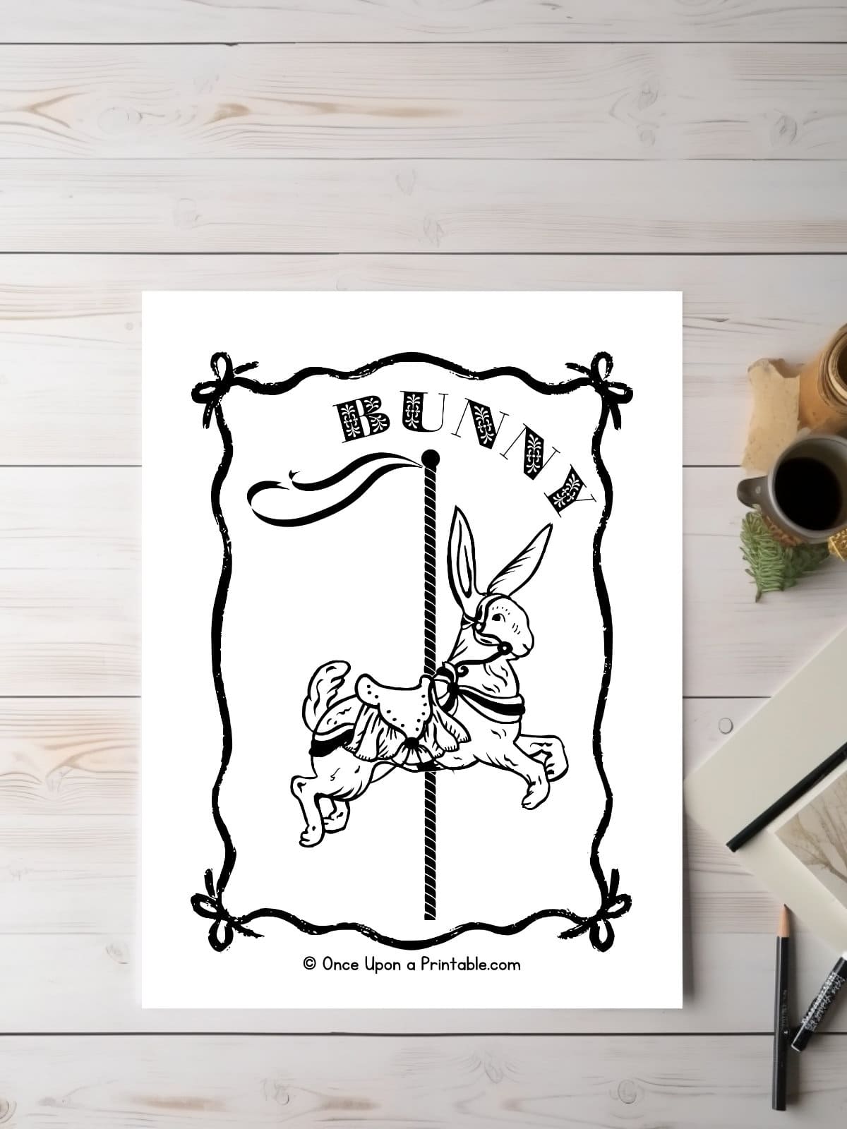 Bunny rabbit carousel animals from the zoo merry go round coloring pages on a wooden table.