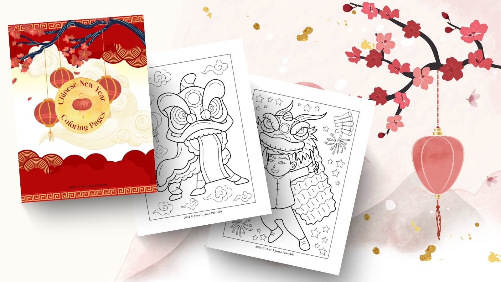 Chinese Lunar New Year coloring page collection laying on top of a lovely watercolor china scene with a cherry tree and a red lantern.