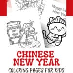 Lunar New Year coloring pages with the year of the snake for 2025, a chinese dragon in front of a traditional chinese house, and a lucky cat.