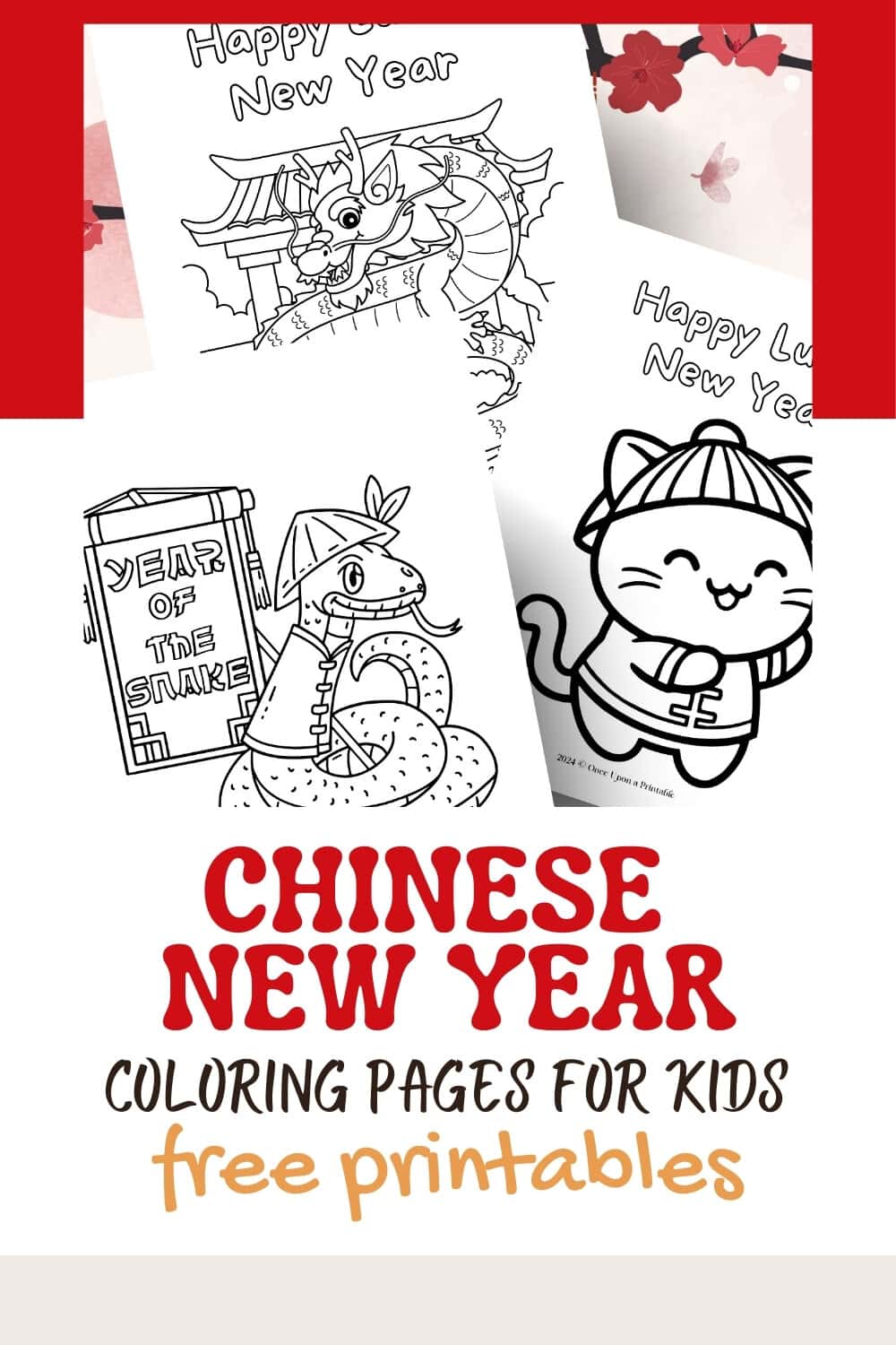 Lunar New Year coloring pages with the year of the snake for 2025, a chinese dragon in front of a traditional chinese house, and a lucky cat.
