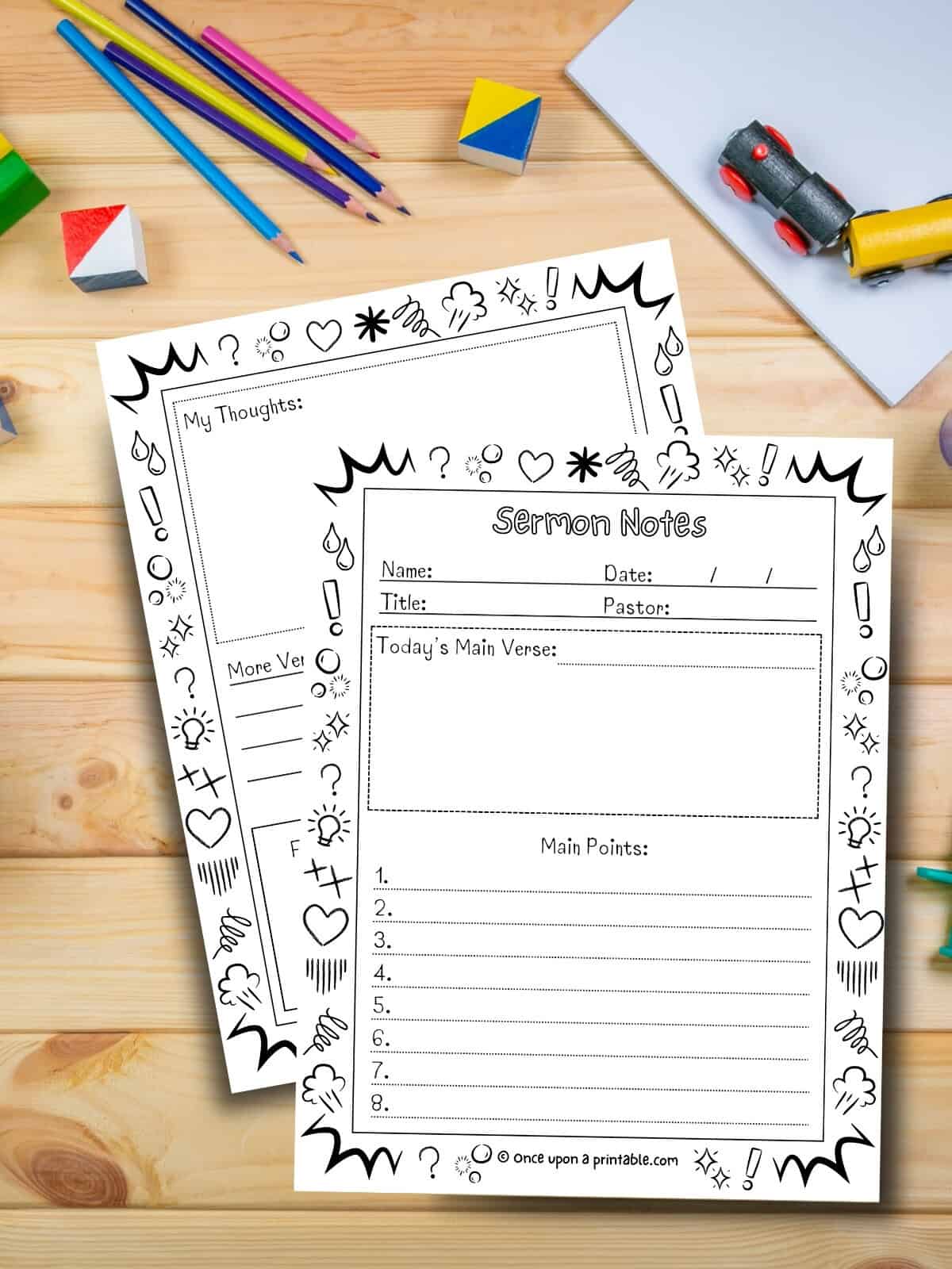 First two pages of the 5 page collection of coloring pages that are sermon notes for kids laying on a wooden table with coloring pencils.