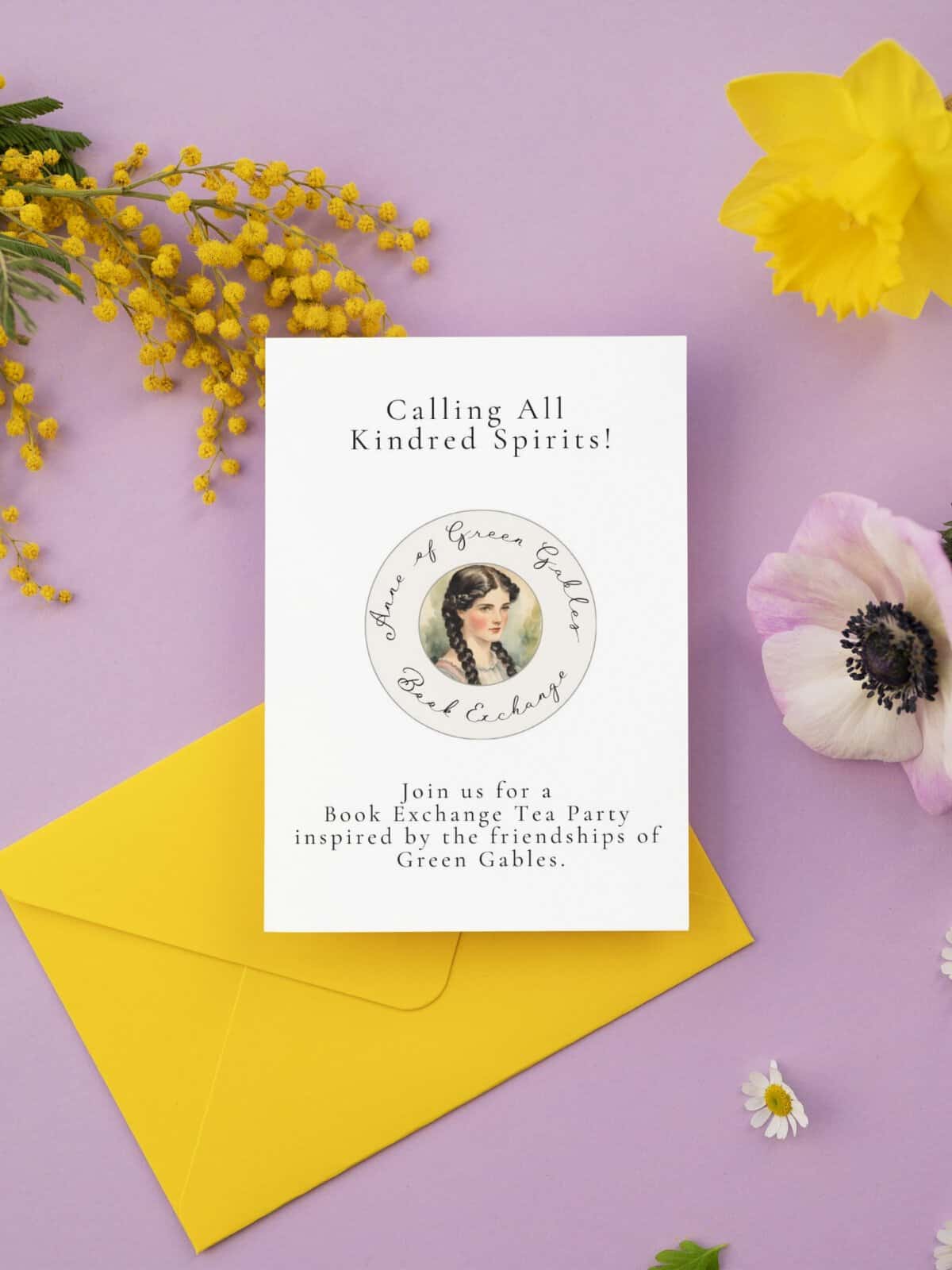 Diana Barry book exchange party invitation laying on a pink background with dried flowers. 