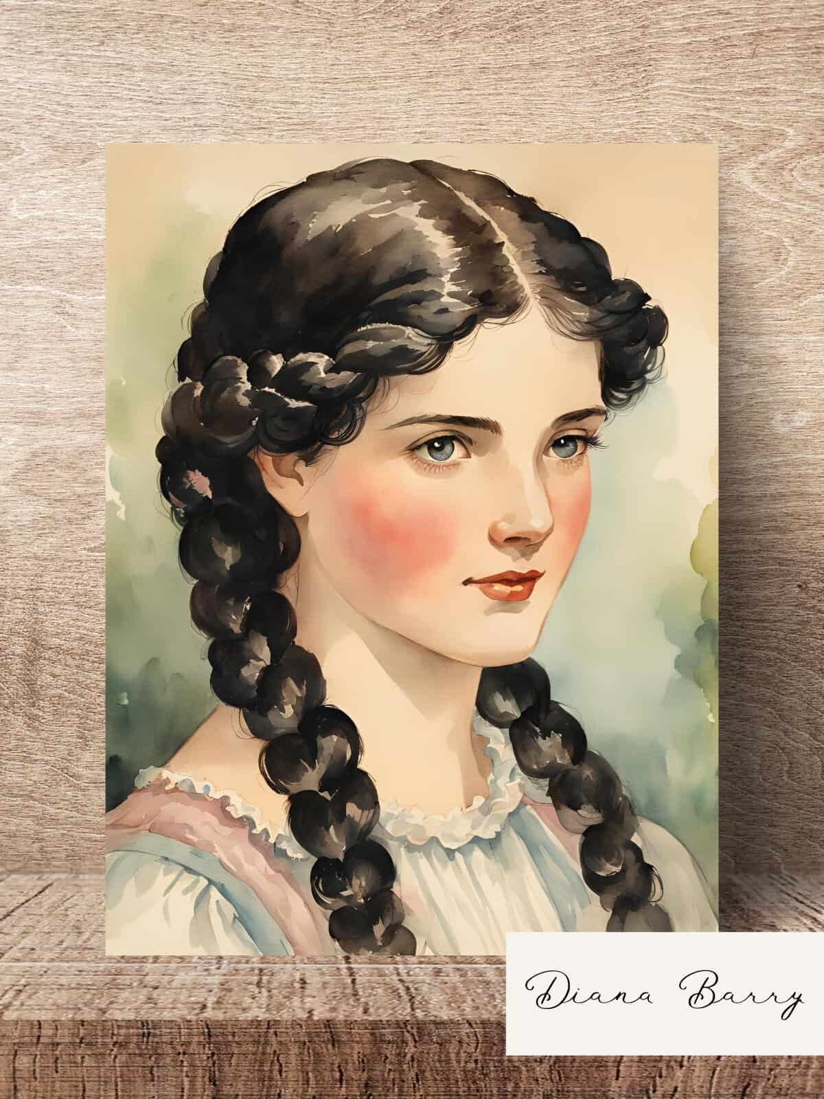 Diana Barry watercolor illustration sitting on a wooden table.