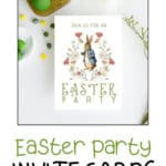 Easter Party invitation card with peter rabbit on the front laying on a white table with eggs and tulips.