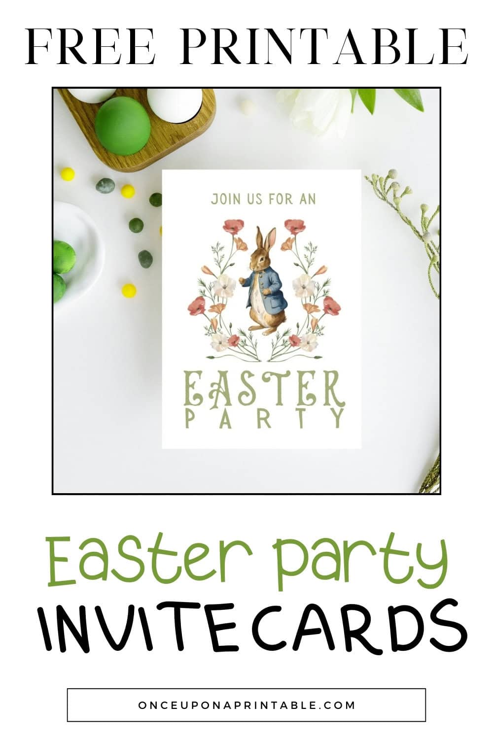Easter Party invitation card with peter rabbit on the front laying on a white table with eggs and tulips.