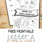 Letter A unit study worksheets with word and picture matching game laying on a wooden surface with coloring pencils.