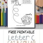 Letter c line tracing and coloring page with a cat laying on a table with coloring pencils.