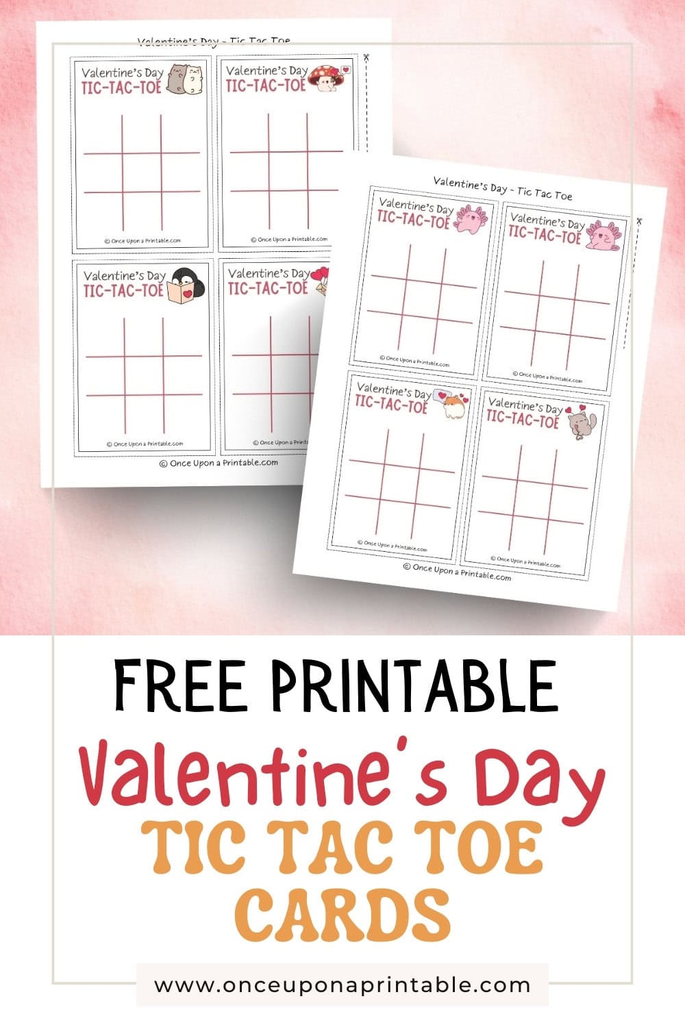 Adorable kawaii style valentine's day tic tac toe cards with cute graphics of animals and hearts.