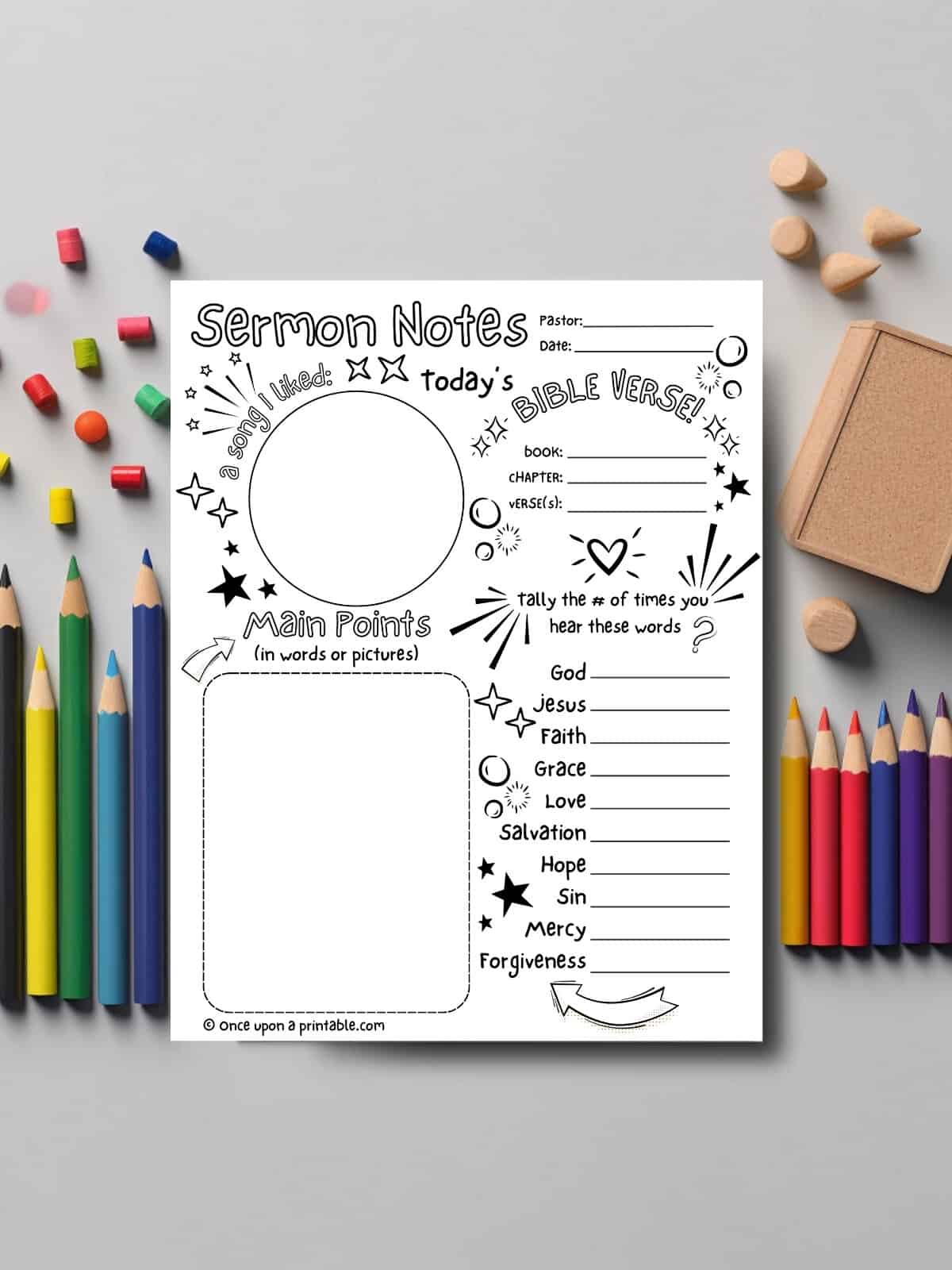 Fun sermon notes for kids printable with coloring page vibes, laying with coloring pencils.