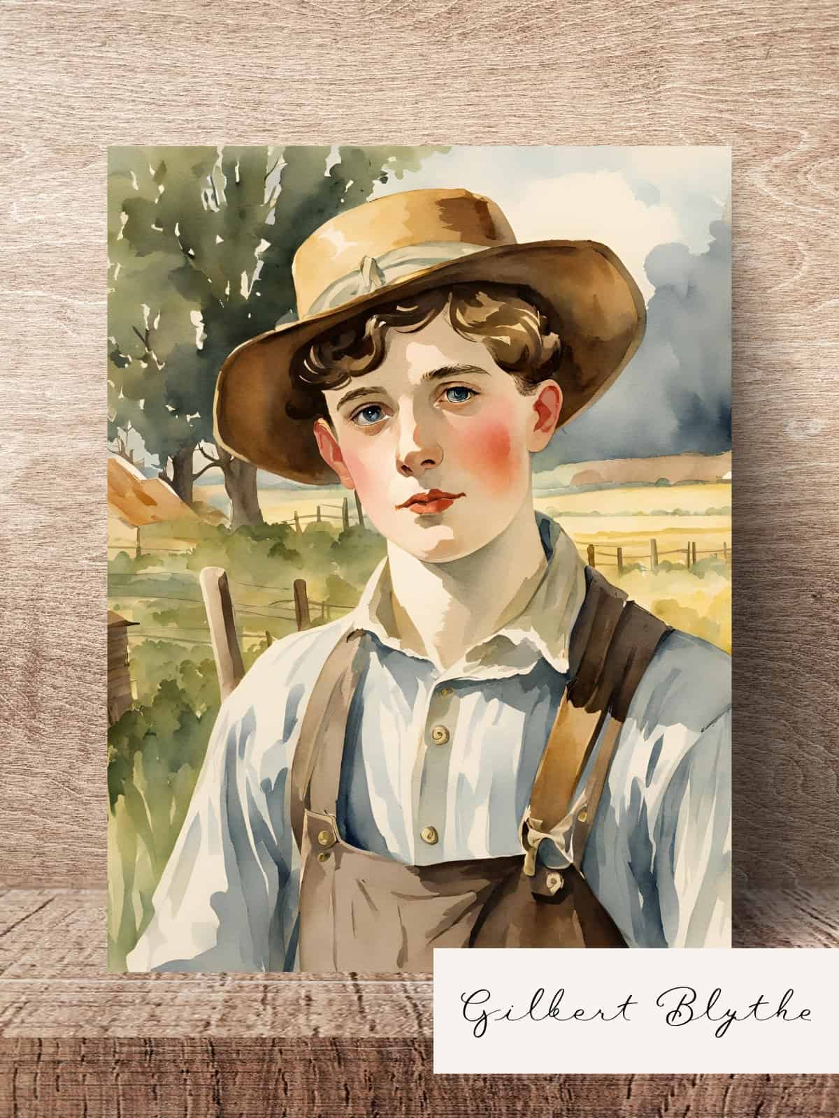 Gilbert Blythe watercolor illustration sitting on a wooden table.
