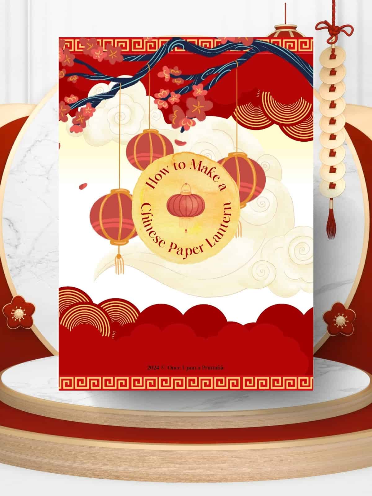 How to make a chinese paper lantern cover page with red and gold chinese symbols like lanterns, clouds, and a cherry tree.