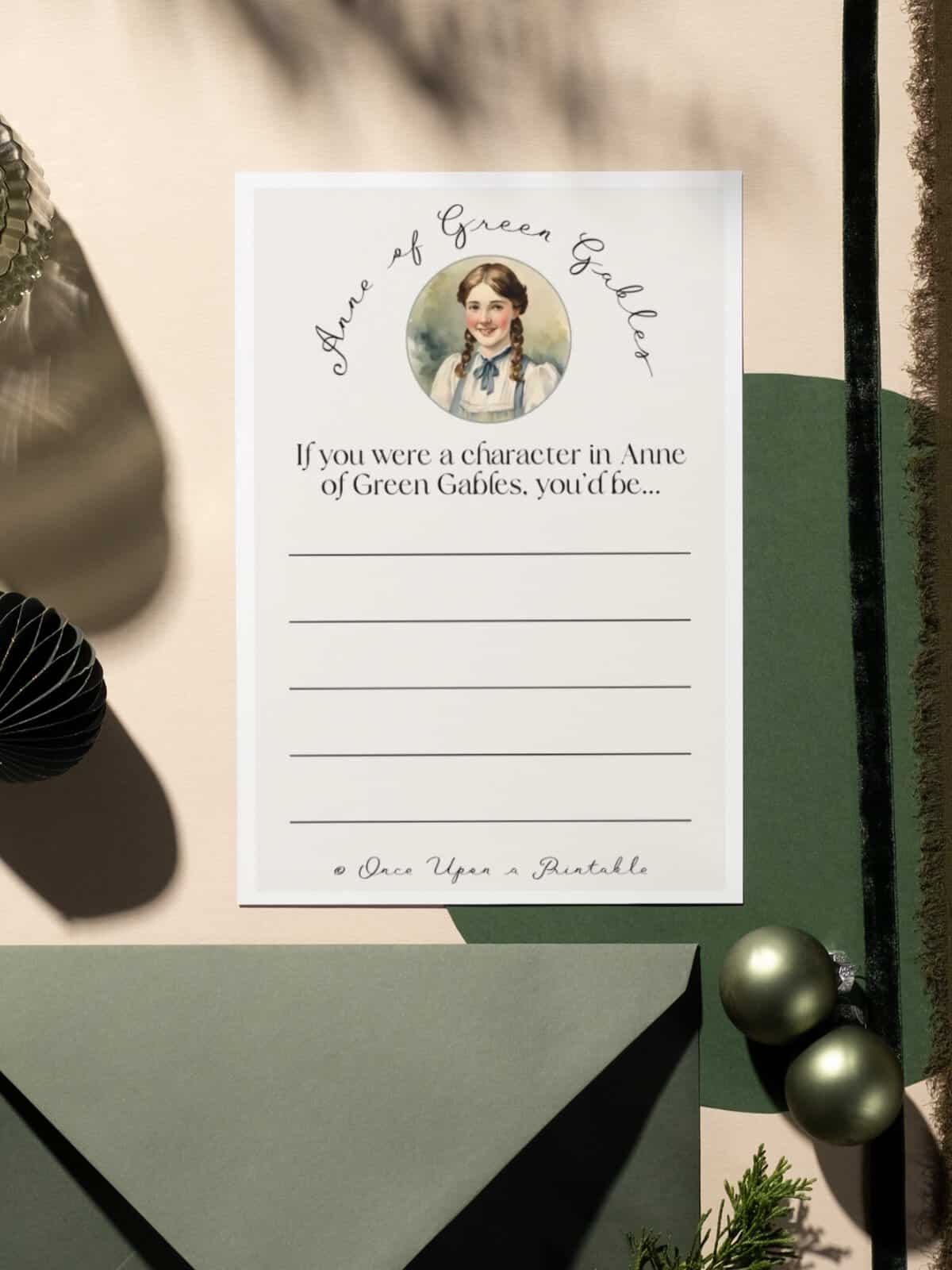 Jane Andrews, a friend from school for Anne of Green Gables, friendship note laying next to a green envelope.