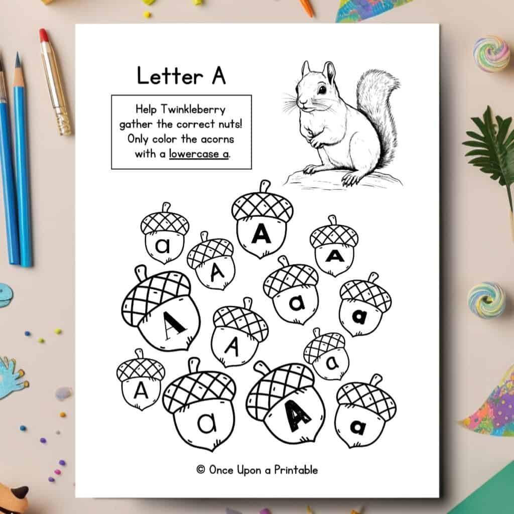 A letter a unit study worksheet with squirrels and acorns and letter's a.