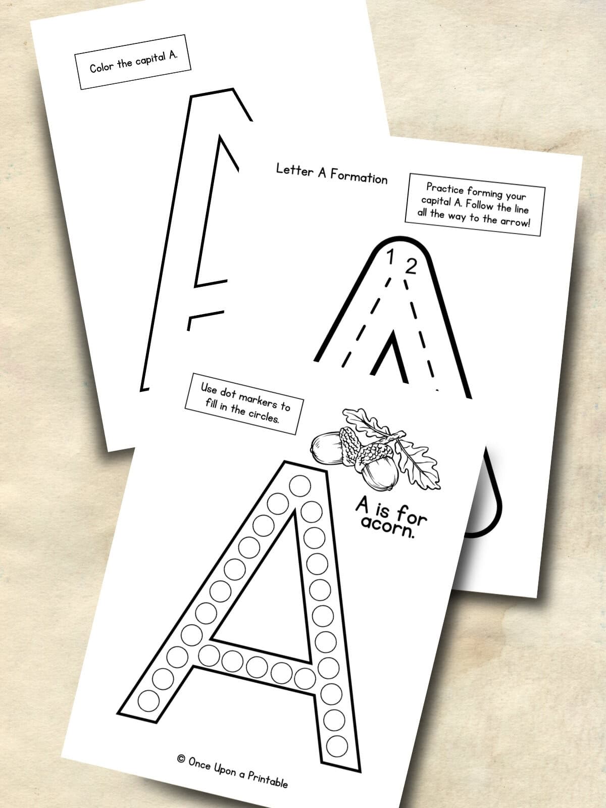 Letter A practice sheets with tracing and formation.