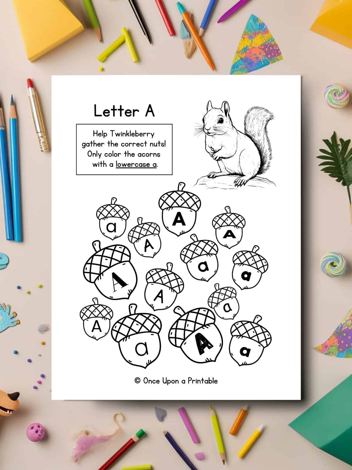 A letter a unit study worksheet with squirrels and acorns and letter's a.