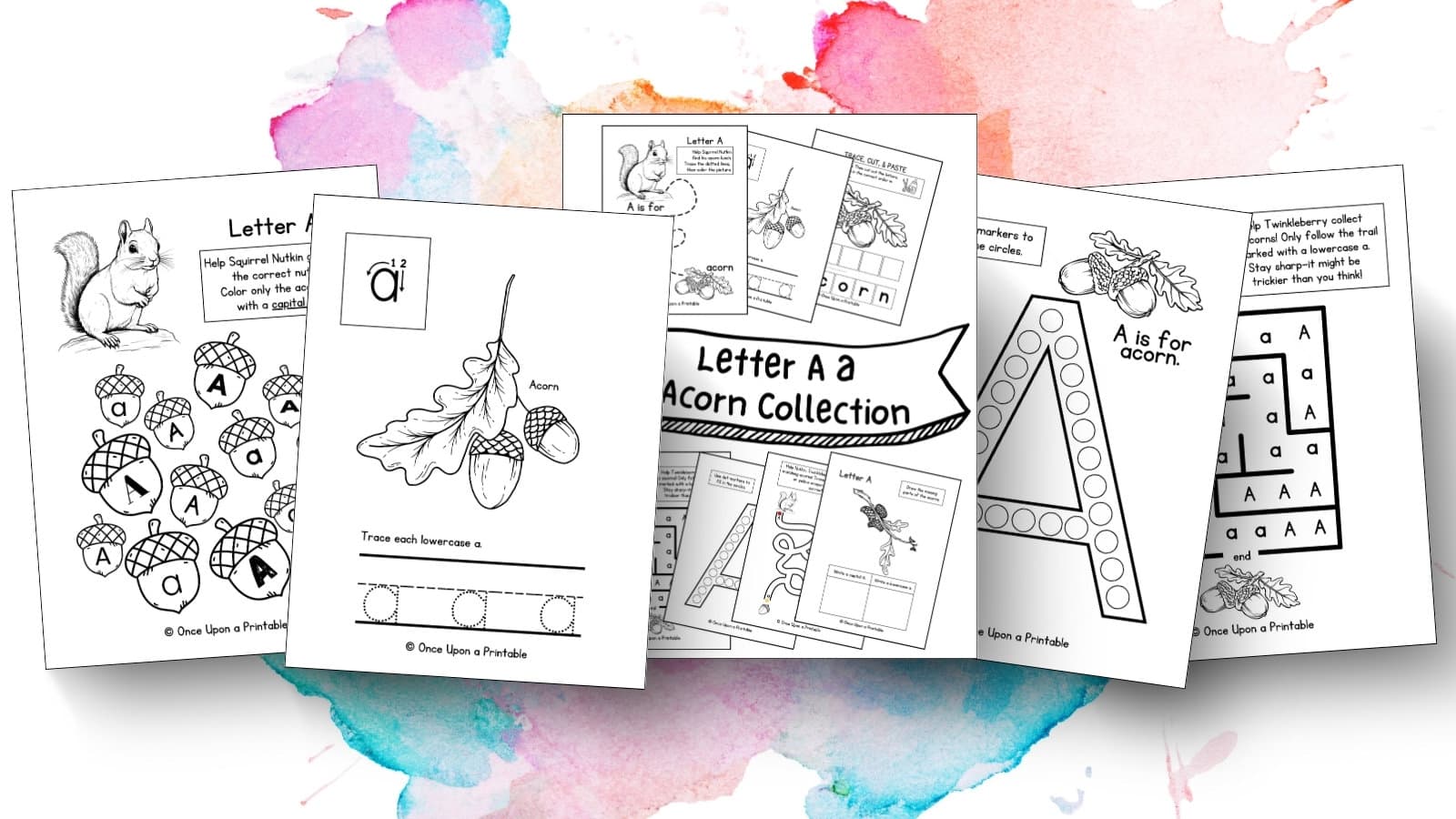 Letter A unit study worksheets with squirrels, acorns, and apples. 