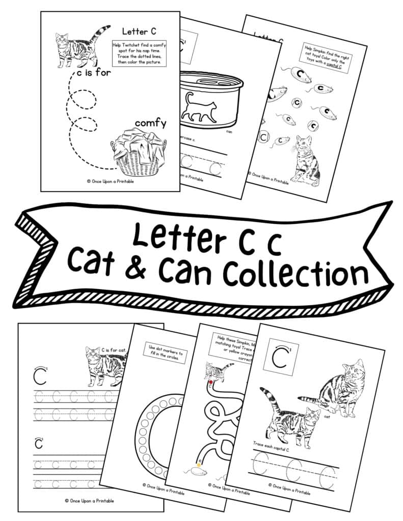 Letter C worksheets with cats, collars, and cat food cans in black and white graphics.