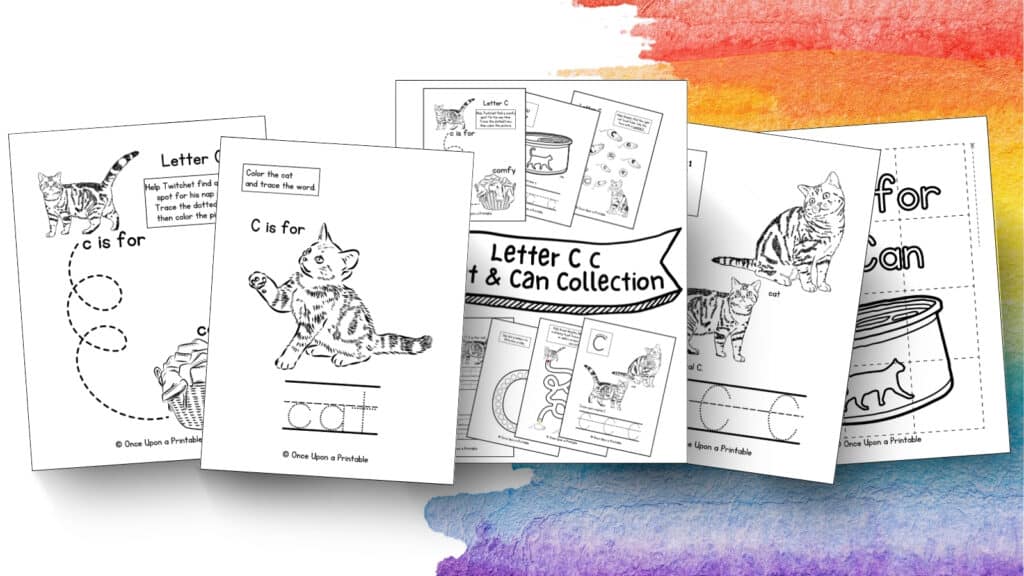 Letter C c unit study worksheets with cats, cans, and collars in black and white graphics. 