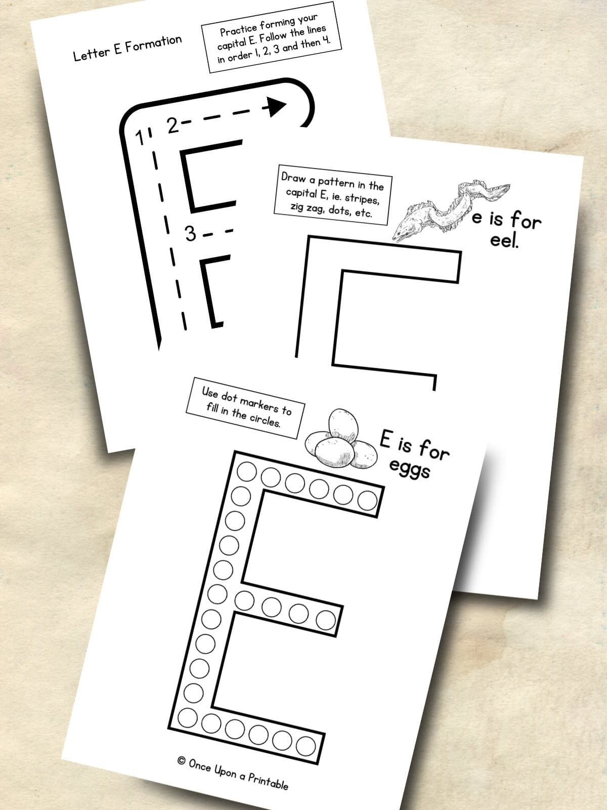 Letter E capital E practice sheets with dot marker, and line tracing.