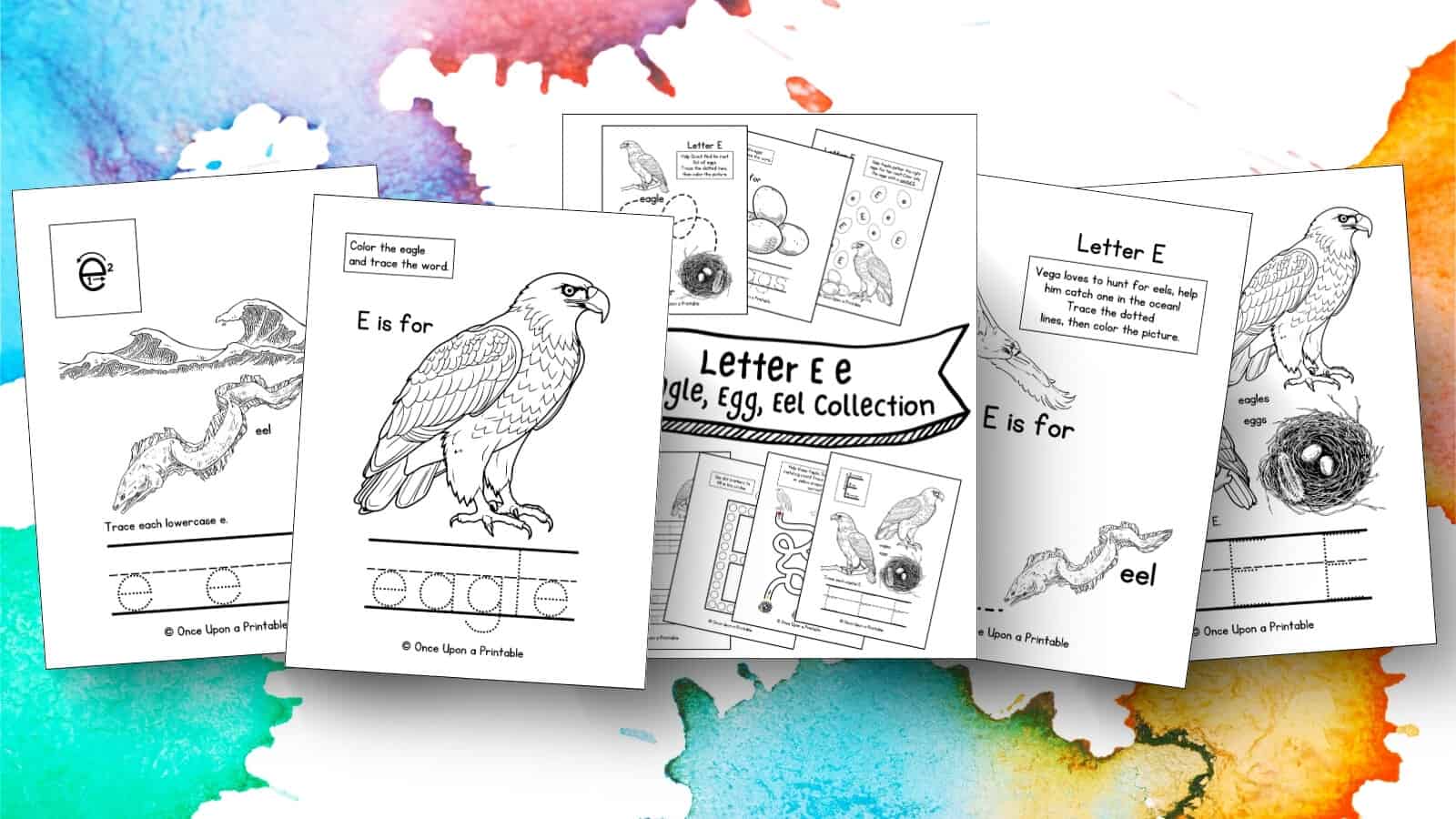 Letter E unit study worksheets with Eagle, eel, and egg activities laying on a watercolor splotched background.