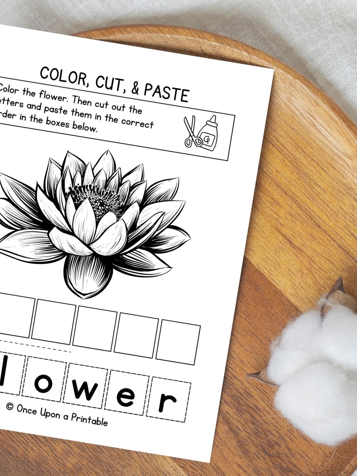 Letter F color, cut, and paste activity page with a lilipad flower.