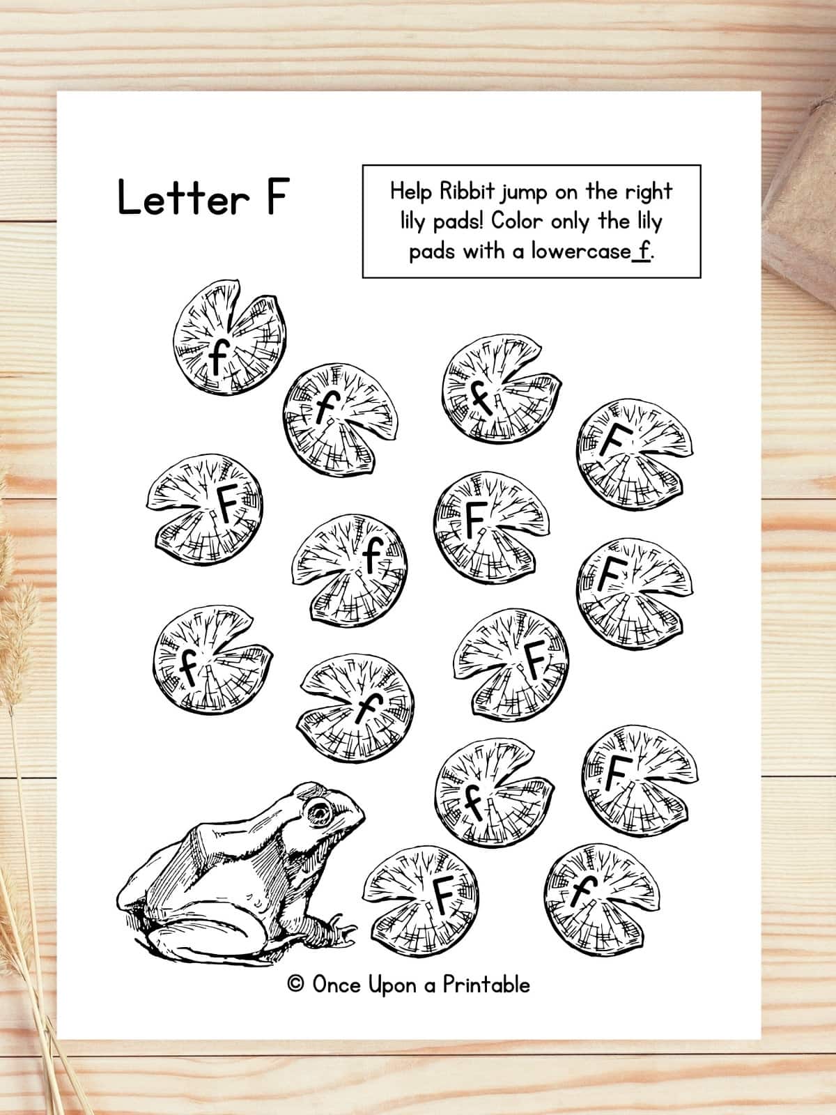 Letter F is for frog, find the capital F with a frog and lilypads worksheet laying on a wooden planked table top.