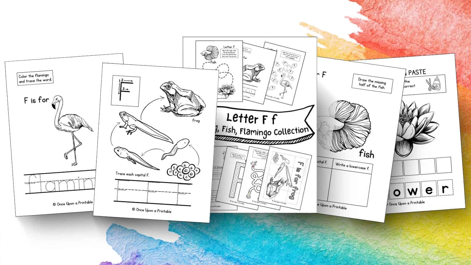 Letter F f unit study worksheets with frogs, fish, flamingos, and flowers in black and white graphics laying on a rainbow splattered surface.