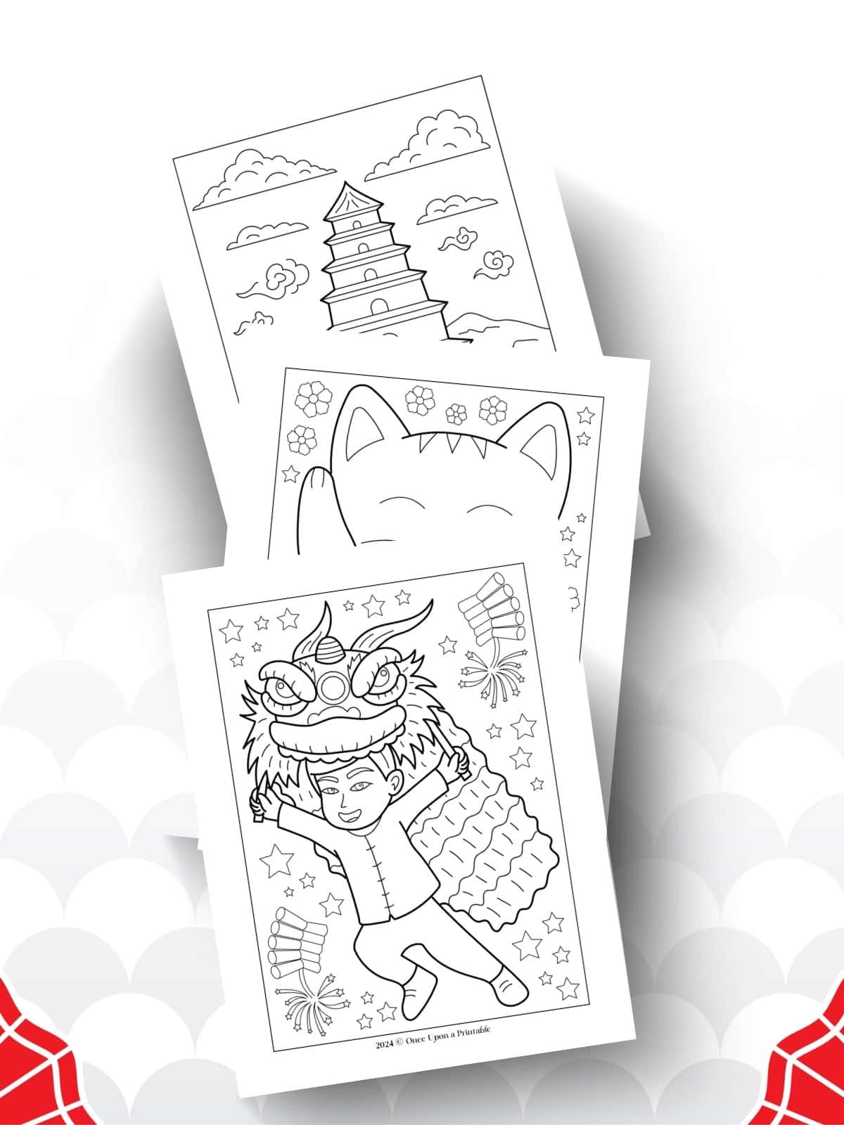 Lunar new year coloring pages for kids laying on a white background.