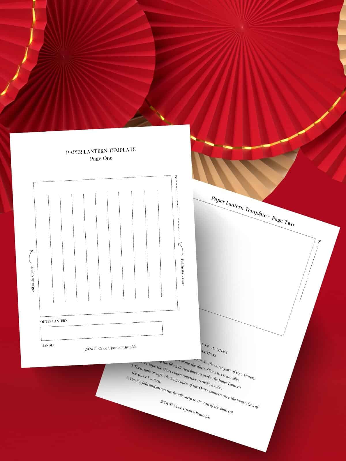 Blank lunar new year chinese paper lantern templates laying on a red background with red and gold fans.